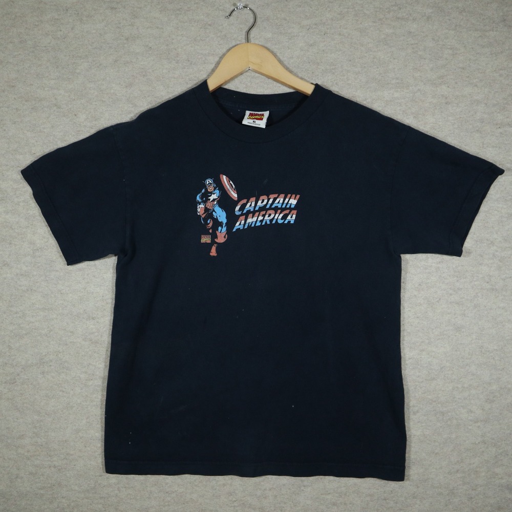Marvel Comics Captain America Vintage Graphic Tee Mens XL Navy Blue Y2K Skater